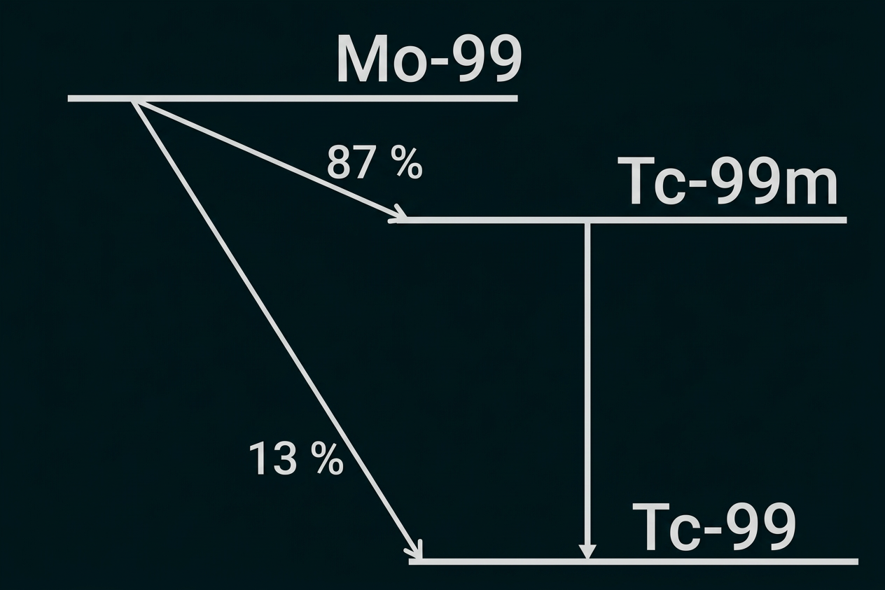 Zerfallsschema von Mo-99 zu Tc-99m und Tc-99 mit prozentualen Übergangswahrscheinlichkeiten.